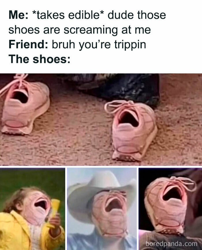 Random meme of shoes and people edited to have screaming faces