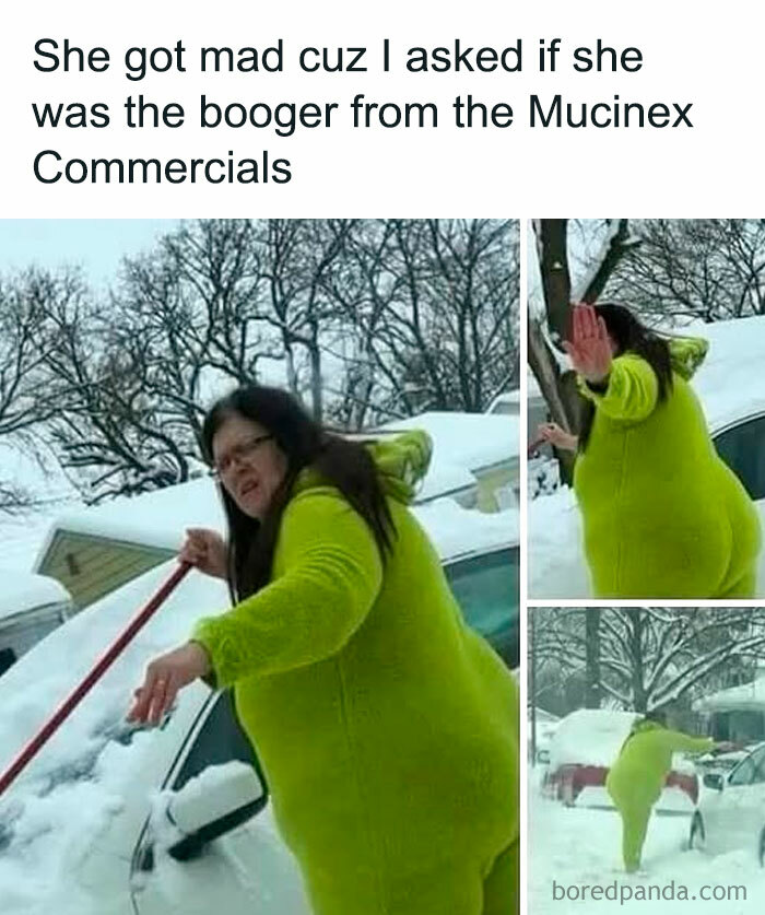 Humorous random meme of woman in green suit upset after Mucinex commercial booger comment