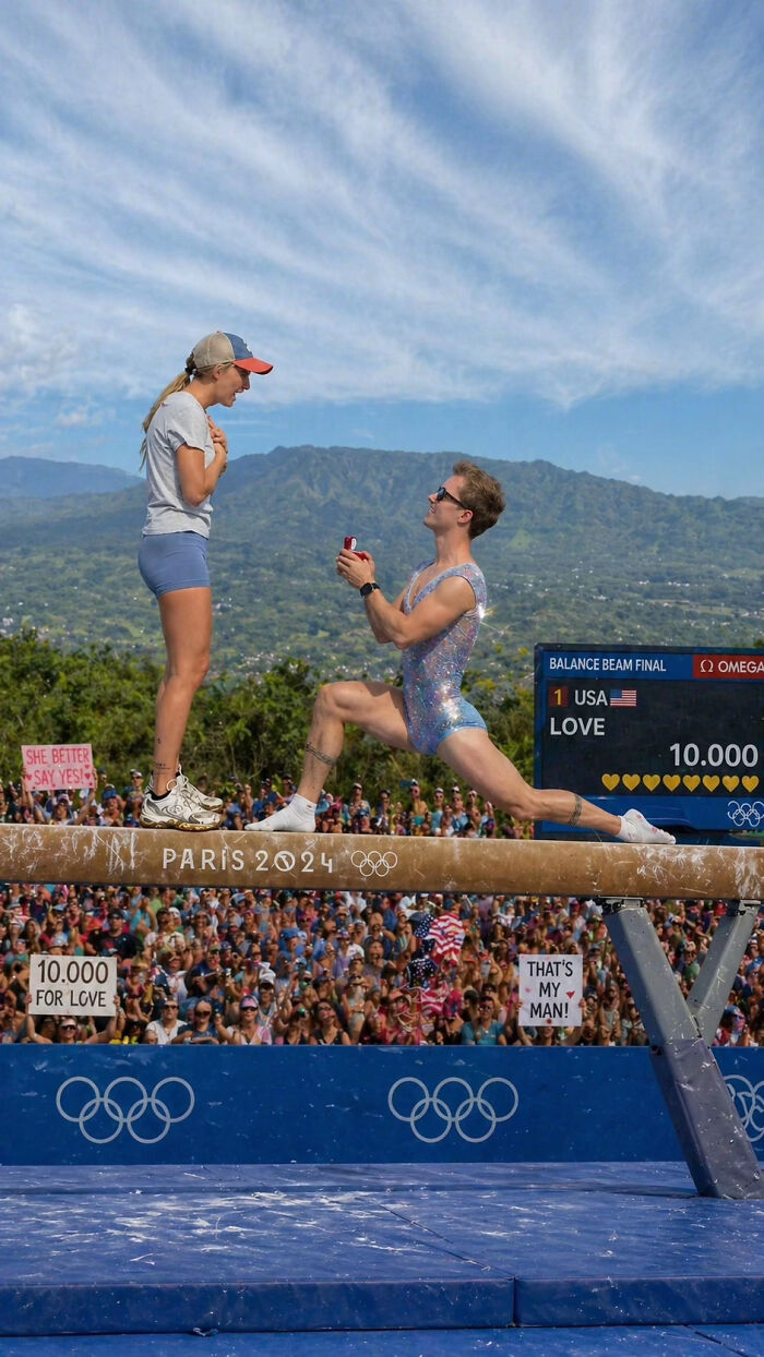 A male gymnast proposes to a woman on a balance beam, a viral proposal pic with hilarious edits.