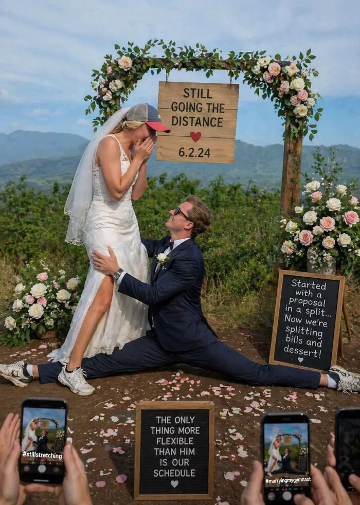 A woman crying joyfully at her proposal pic as a man does a split. Hilarious edits inspired by this proposal.