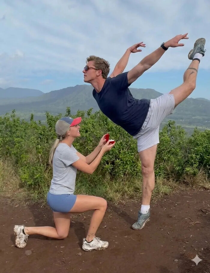 Woman proposing to a man doing a ballet pose, generating hilarious edits of the proposal pic.