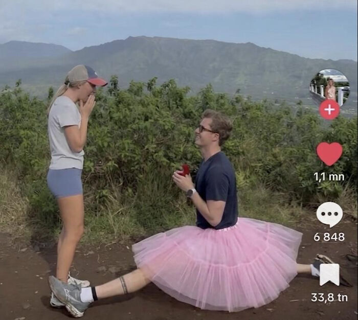 Hilarious edits of a woman's proposal pic, featuring a man in a pink tutu proposing to a surprised woman outdoors.