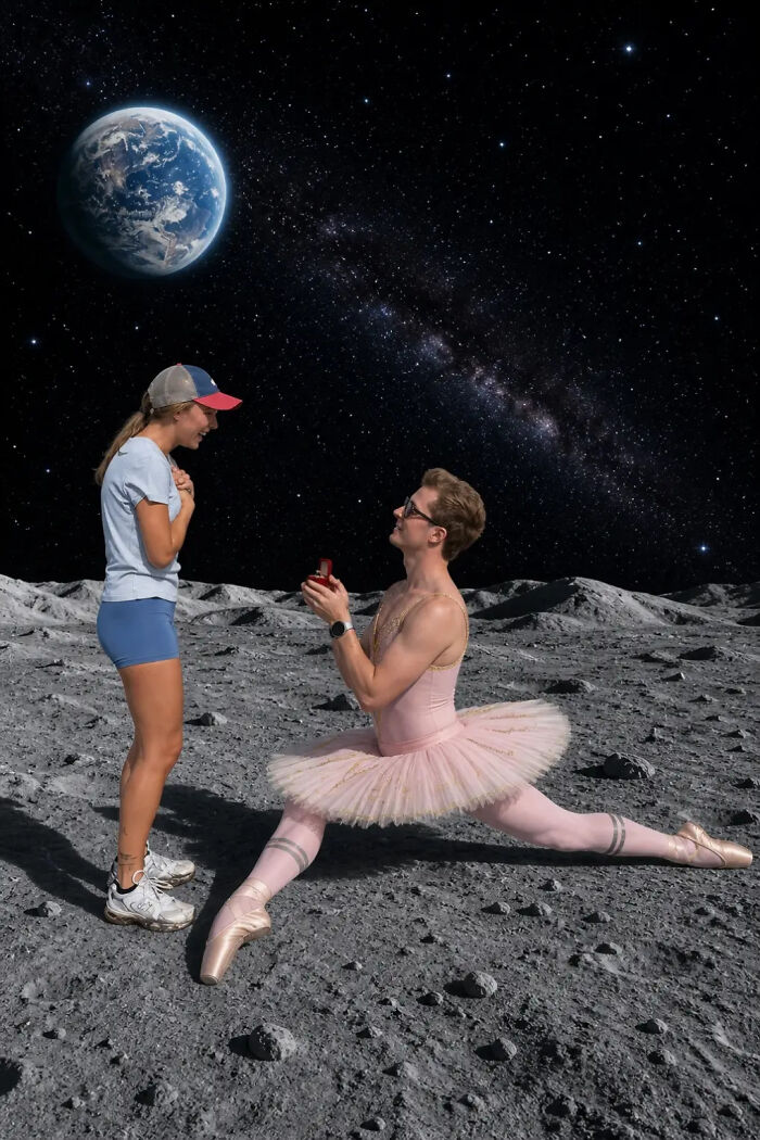 A man in a pink tutu proposes on the moon with Earth visible above, making this a hilarious proposal pic edit.