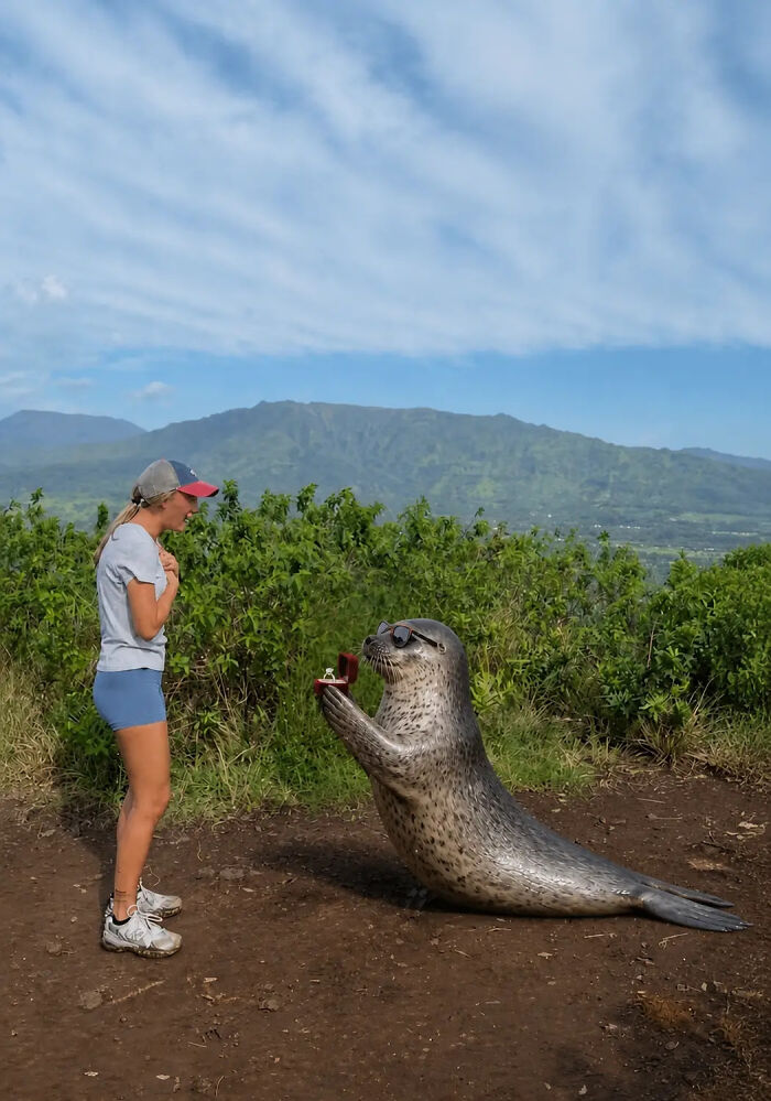 Woman reacts to a humorous seal proposal pic with sunglasses holding a ring box, a funny edit.