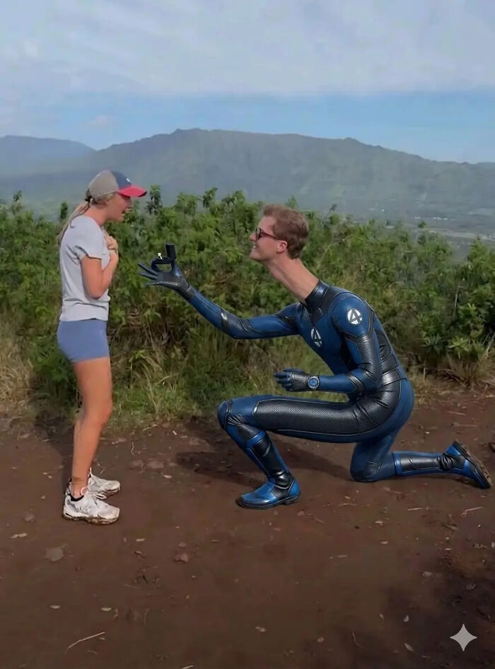 Woman's proposal pic with a man in a Mr. Fantastic costume kneeling, holding a ring box, making hilarious edits.