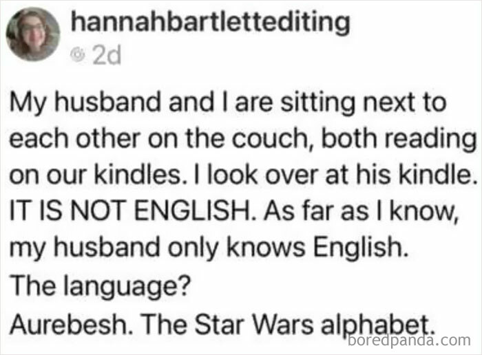 Funny married life tweet about reading Kindles with one in Star Wars Aurebesh language