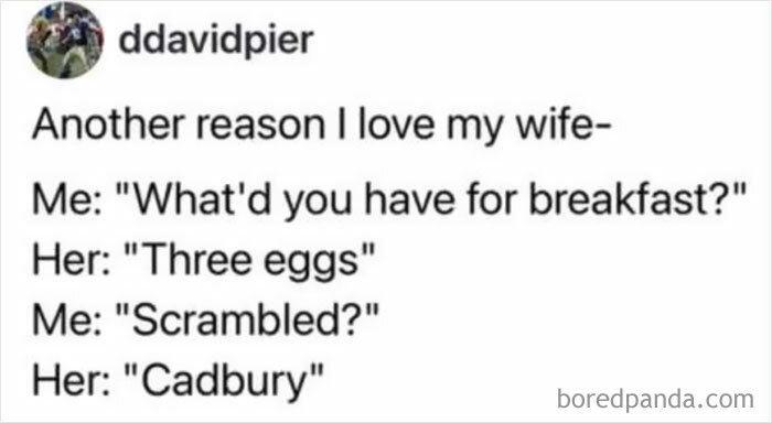 Humorous married life tweet about wife having three eggs for breakfast as Cadbury