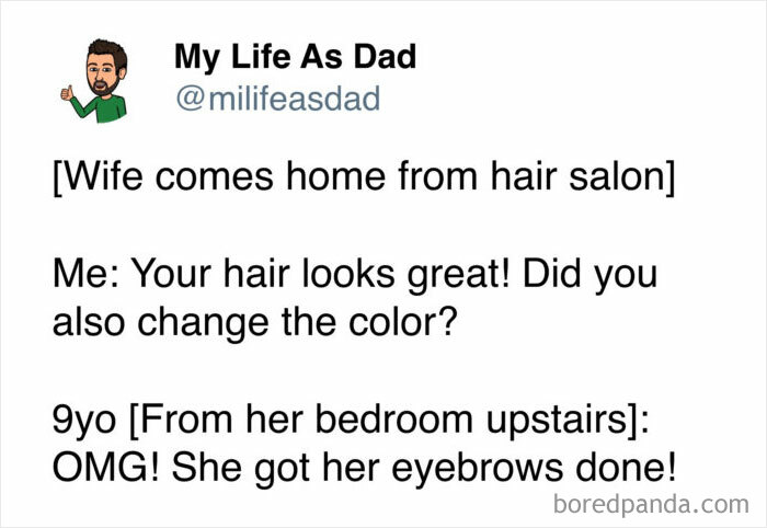 Comical tweet describing wife's hair and eyebrow change in married life