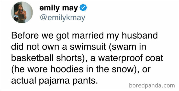 Humorous tweet about husband's wardrobe changes after marriage reflecting married life