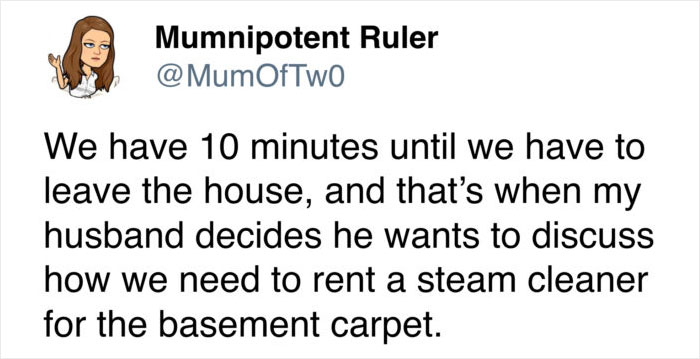 Funny tweet about husband wanting to rent steam cleaner before leaving the house in married life