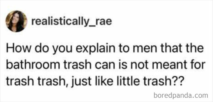 Relatable married life tweet about explaining bathroom trash can use to men