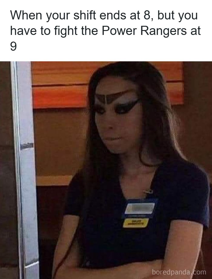 A woman with exaggerated, villain-like makeup and an ID badge, looking away, with meme text about fighting Power Rangers. Random memes for some brain nonsense.
