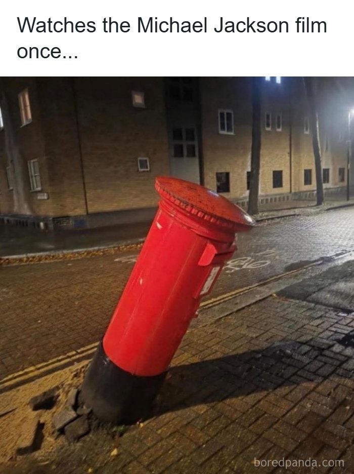 A red tilted post box doing the Michael Jackson lean, illustrating one of the funny random memes.