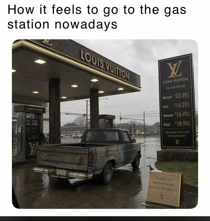 A rusty pickup truck at a Louis Vuitton-themed gas station with high fuel prices, conveying random memes.