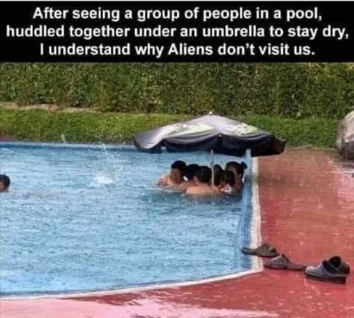 Humorous image of people in a pool, using an umbrella in the rain. A funny random meme about human absurdity.