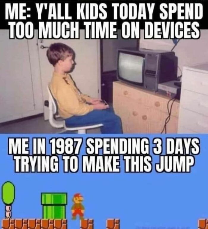 A funny meme showing a boy playing video games in 1987 contrasted with Super Mario Bros. gameplay. Random memes for some brain nonsense.