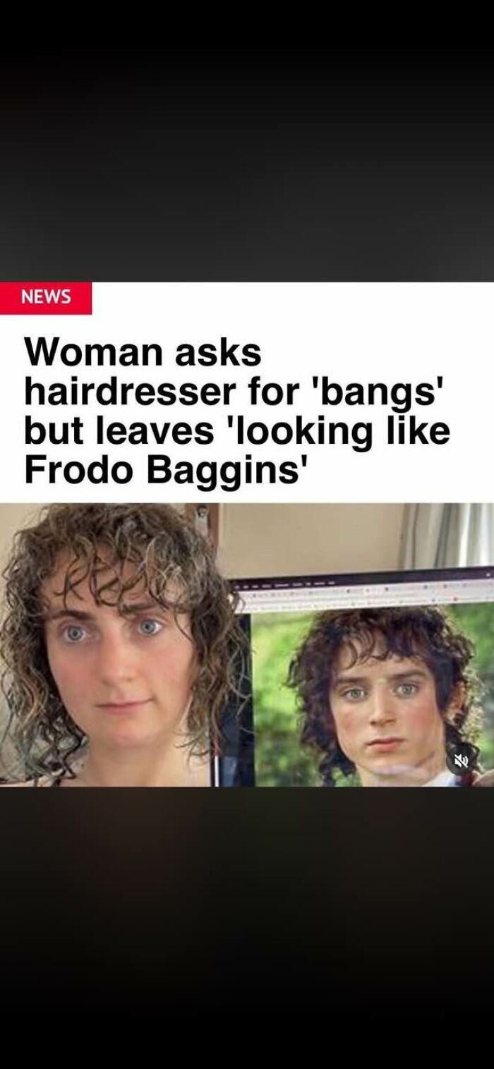 A woman with curly hair resembling Frodo Baggins, next to a picture of Frodo. A funny random meme about a haircut.