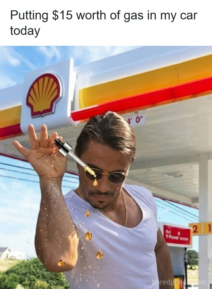 A funny random meme of Salt Bae expertly dripping a tiny amount of gas at a Shell station. This is pure nonsense.
