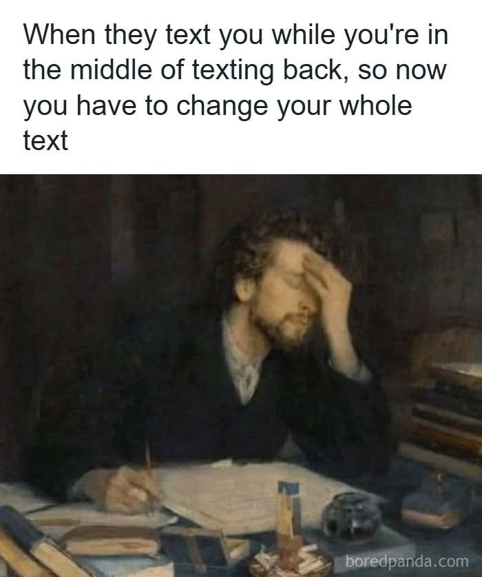 A random meme of a man, eyes closed, hand on forehead, frustrated while writing. Relatable nonsense.