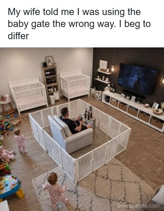A man is comically penned in a baby gate enclosure while two babies wander freely, a funny random meme.