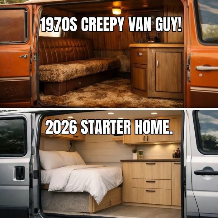 Comparison of 1970s creepy van and modern 2026 starter home interior