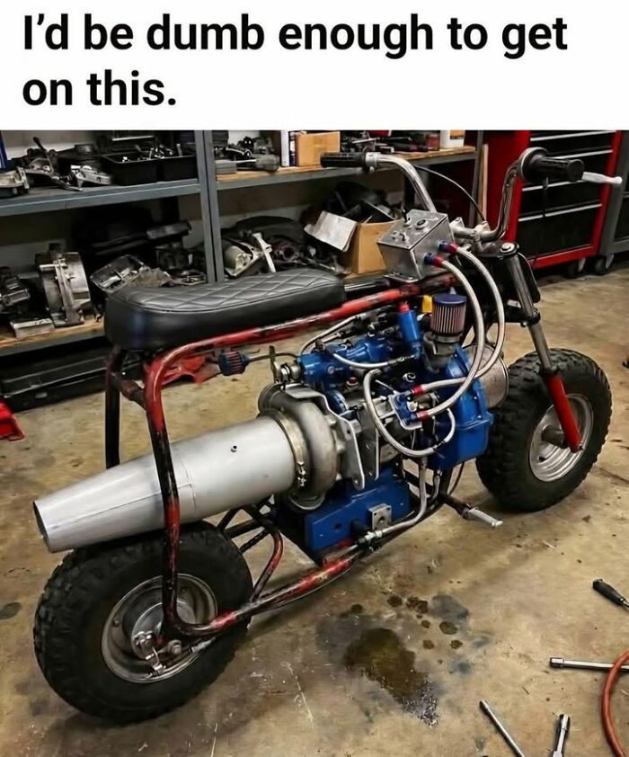 Custom minibike with a jet turbine engine and scary caption