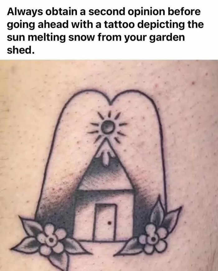 Tattoo of sun melting snow on garden shed with flowers and heart shape outline