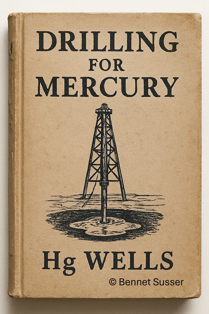 Vintage book cover titled Drilling for Mercury by H G Wells with a scientific illustration