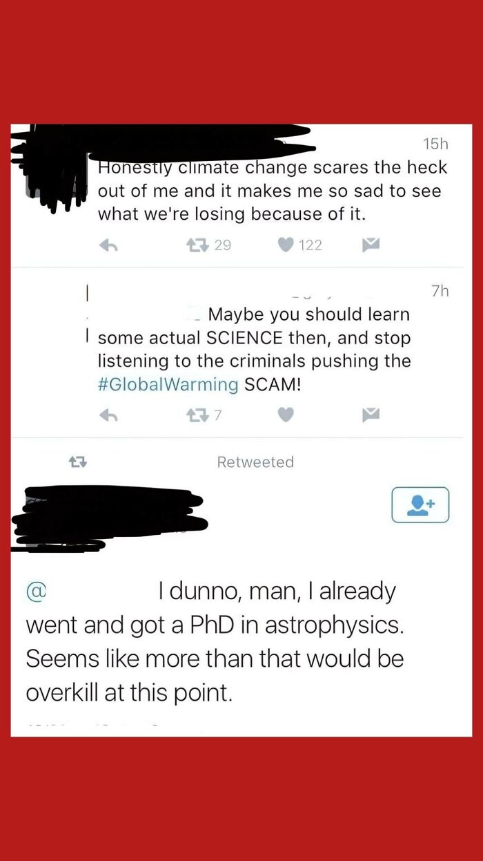 Twitter conversation about climate change and science PhD in astrophysics meme