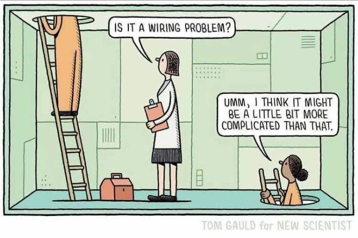 Science comic about diagnosing wiring problem, complicated issue