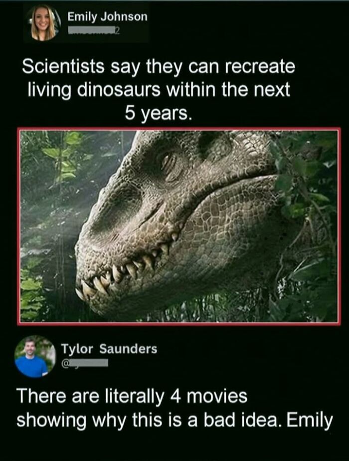 Science meme about recreating living dinosaurs and movie warnings