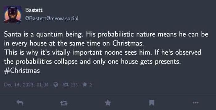 Social media post joking Santa is a quantum being science meme