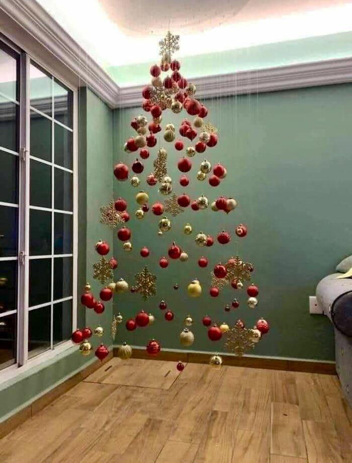 Christmas tree made of floating ornaments in a scientific style meme