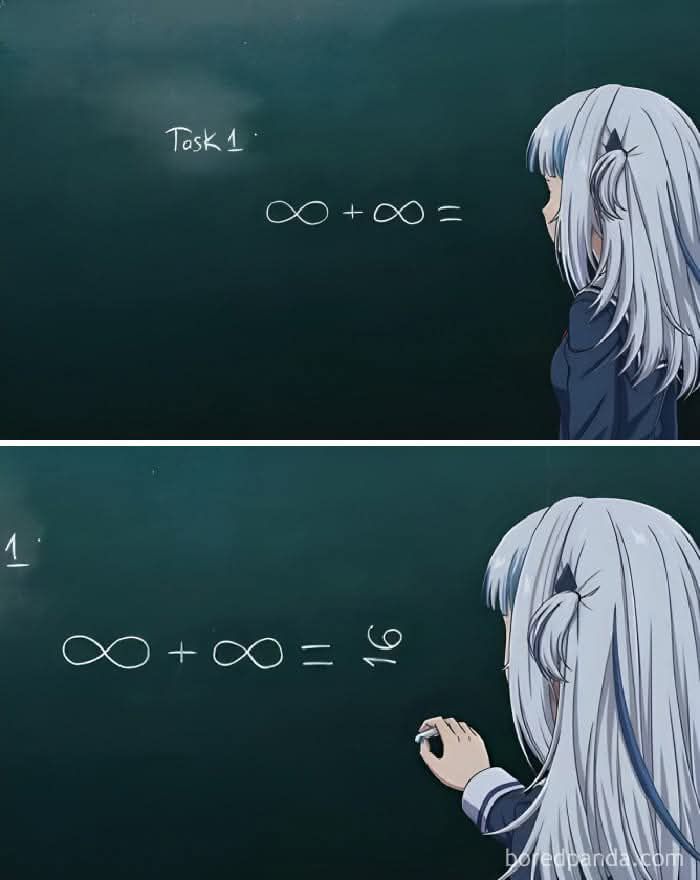 Anime character solving math problem incorrectly adding infinity plus infinity equals sixteen meme