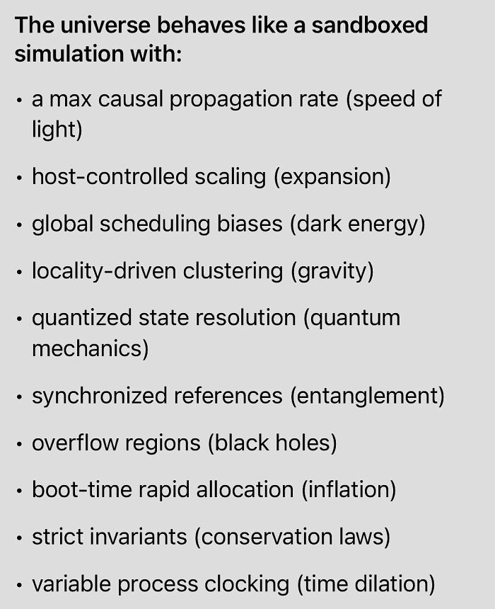 List describing the universe as a sandboxed simulation with scientific principles like speed of light and quantum mechanics