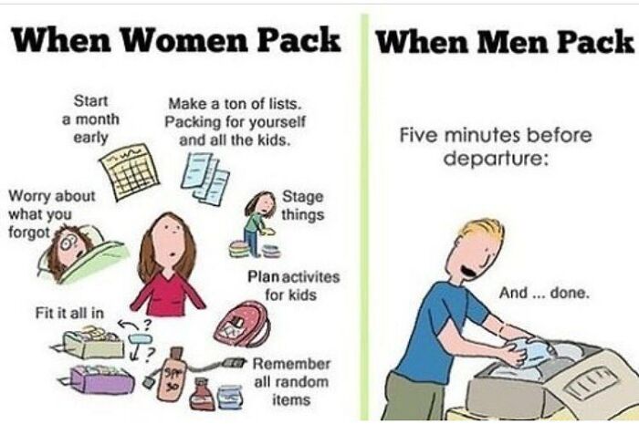 A travel meme comparing women's extensive packing to men's last-minute approach for a trip to a beach.