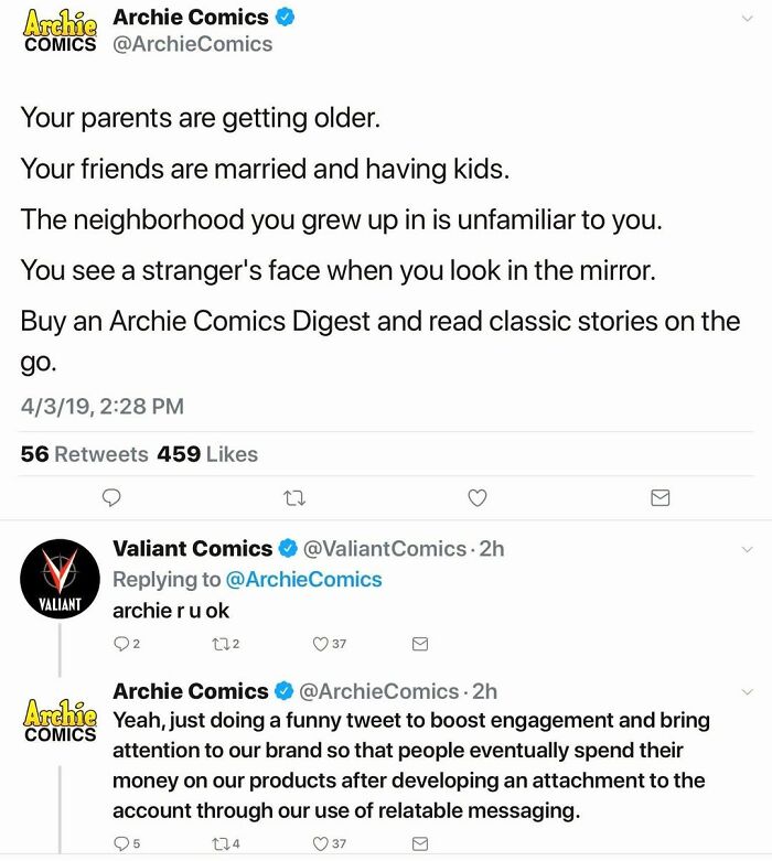 Archie Comics tweet on aging and nostalgia with a humorous reply about boosting engagement