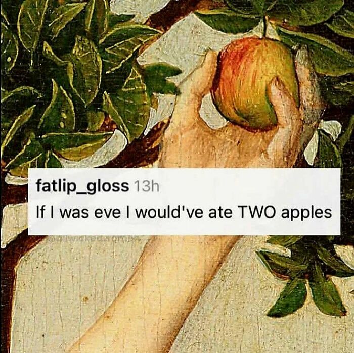 Humorous text about Eve eating two apples with painting of hand grabbing apple