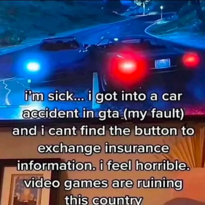 Meme of car accident in GTA video game with complaint about insurance button