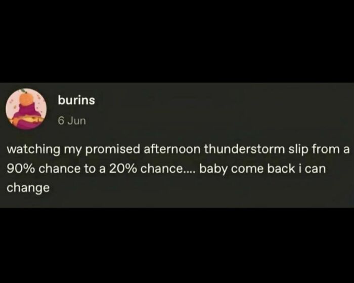 Unhinged post about afternoon thunderstorm chance dropping humorously tagged to ex