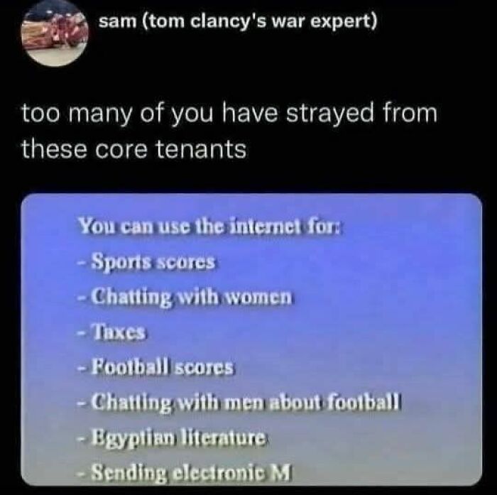 Tweet listing core internet uses highlighting unhinged posts humor