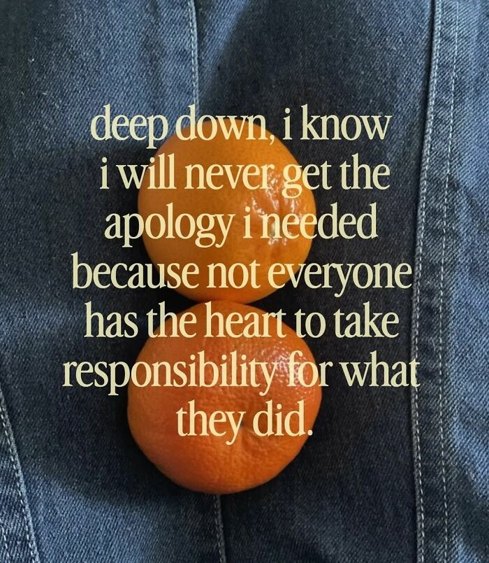 Quote about apology and responsibility over oranges on denim
