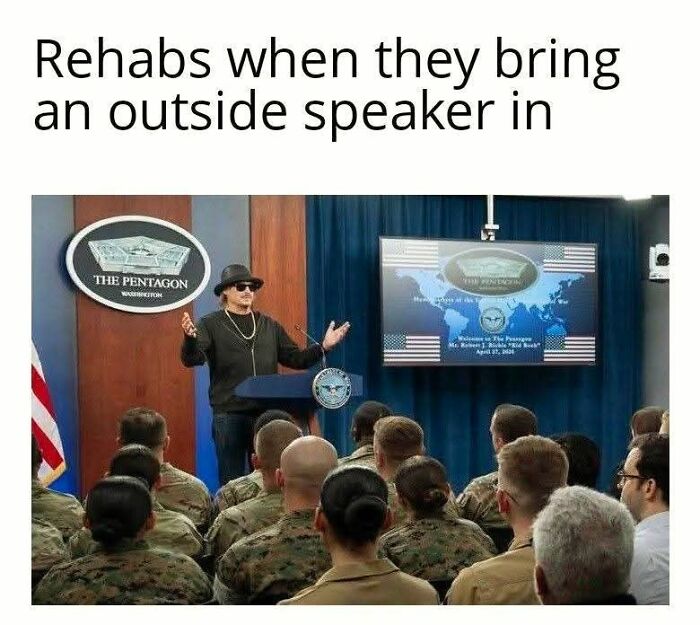 Military audience reacting to outside speaker in rehab meme