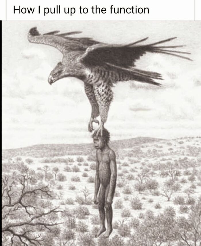Illustration of an eagle carrying a person captioned pulling up to the function