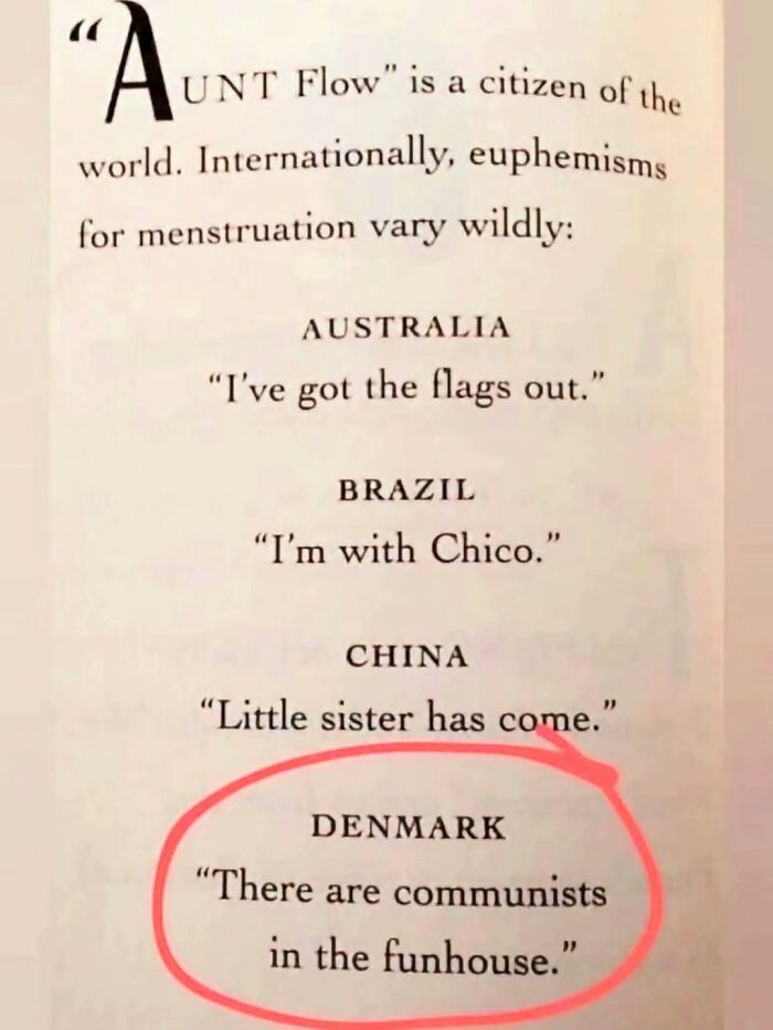 Humorous international euphemisms for menstruation with Denmark circled