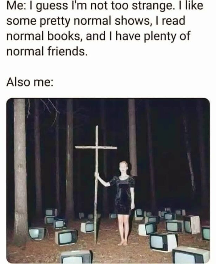 Dark meme about normal friends contrasted with unusual behavior