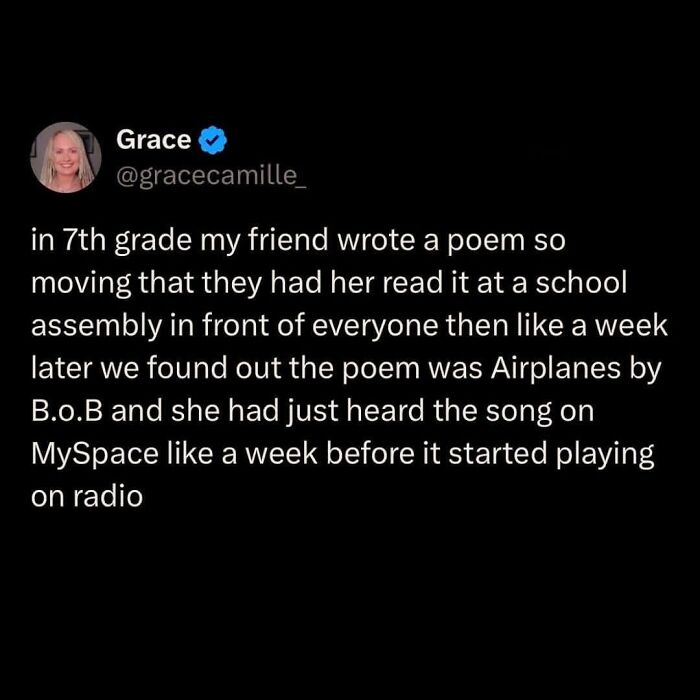 Tweet about a friend reading Airplanes by B.o.B as a poem in school, illustrating internet chaos posts