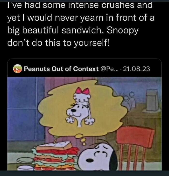 Cartoon Snoopy staring at a big sandwich with thought bubble showing a girl, caption about intense crushes