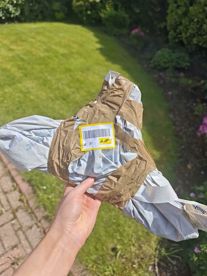 Crumpled and poorly taped package held outside on grass showing next-level stupidity using Vinted