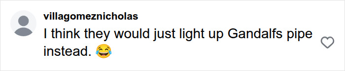 A social media comment suggesting Gandalf and Dumbledore would light Gandalf's pipe instead of fight, with a crying-laughing emoji, answering the Gandalf or Dumbledore question.